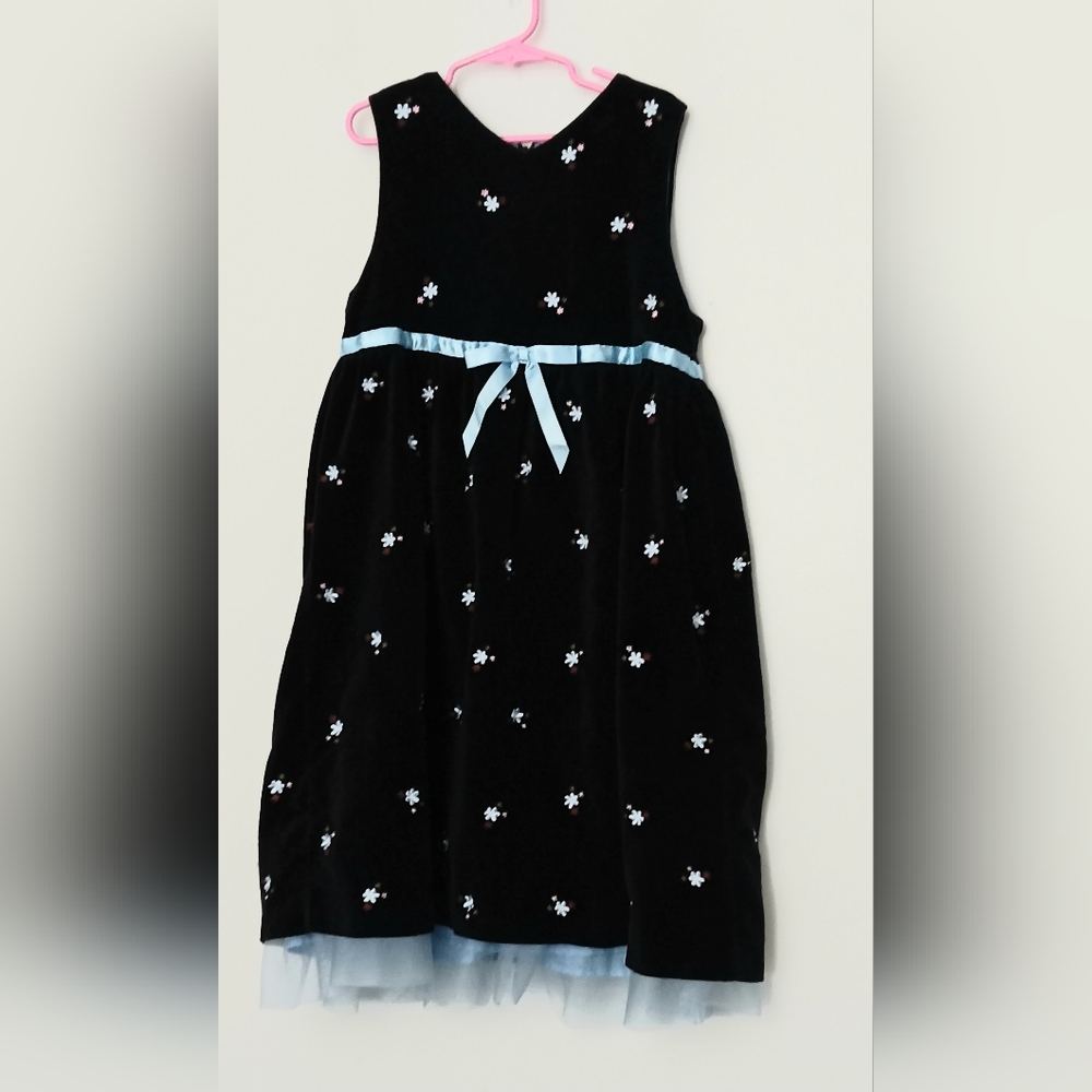 Hanna Andersson Dress Girls 130 (Size 8) Black Velvet Embroidered Floral Tulle